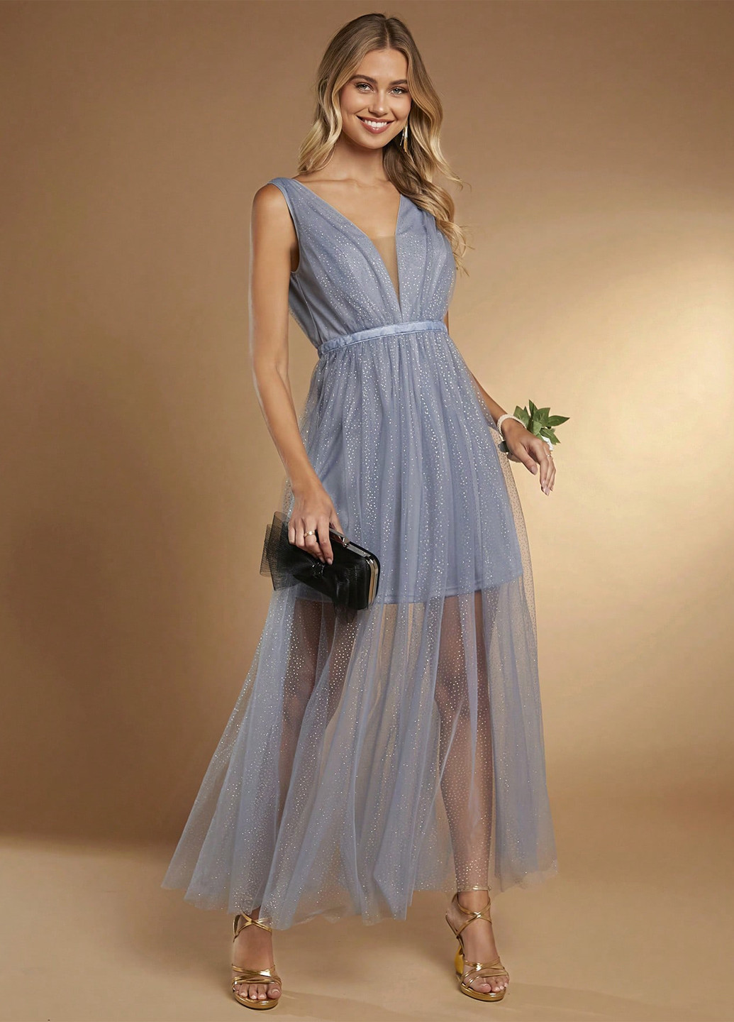 Серо-голубое праздничный, вечернее платье SHEIN однотонное