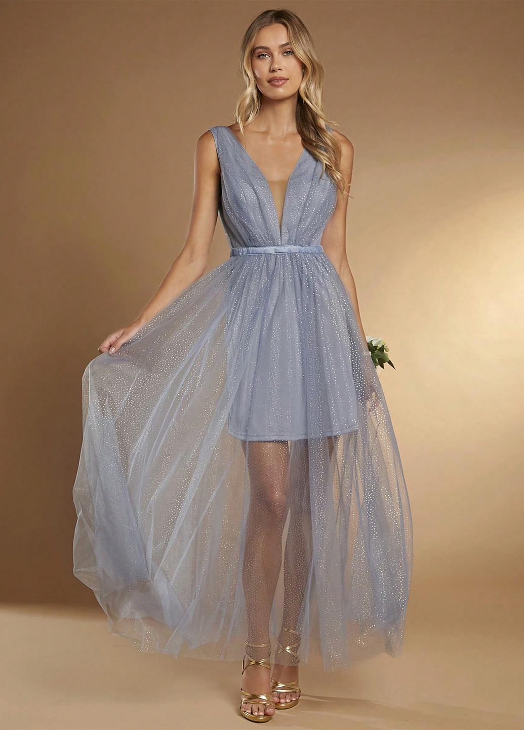 Серо-голубое праздничный, вечернее платье SHEIN однотонное