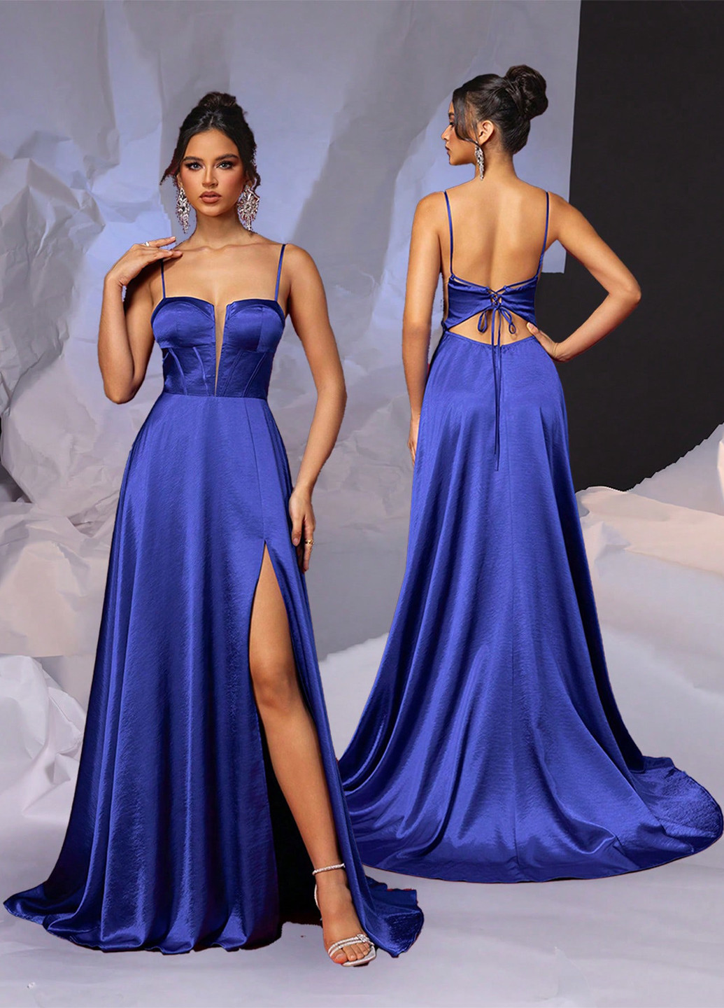 Синее праздничный, вечернее платье со шлейфом, а-силуэт, с корсетом, с открытой спиной SHEIN однотонное