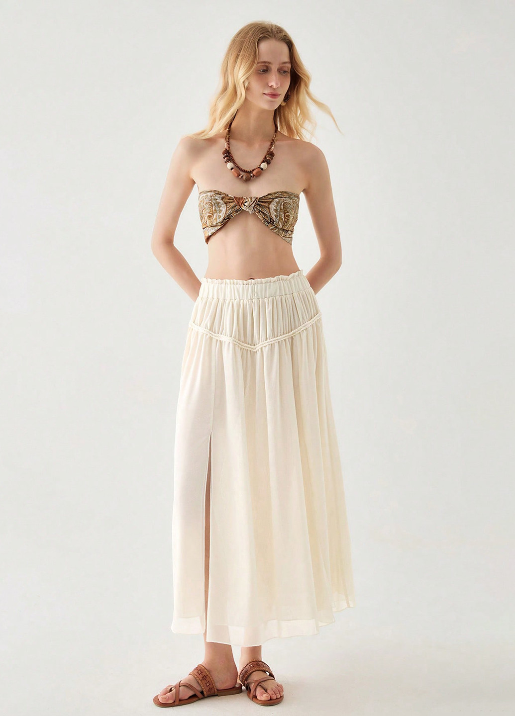 Кремовая кэжуал однотонная юбка SHEIN а-силуэта (трапеция)