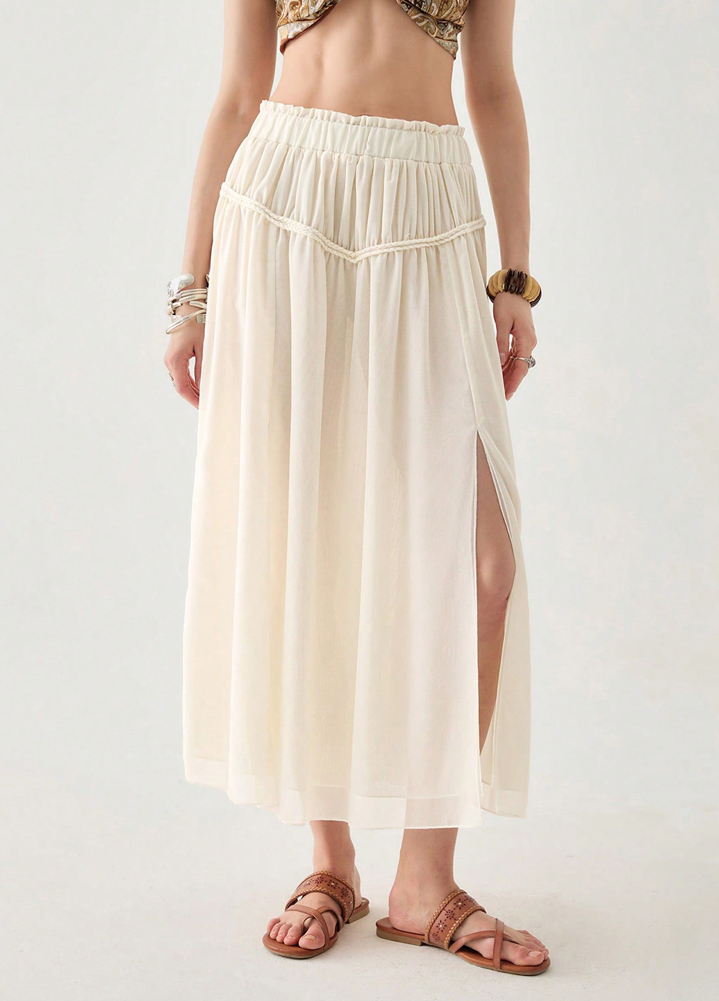 Кремовая кэжуал однотонная юбка SHEIN а-силуэта (трапеция)