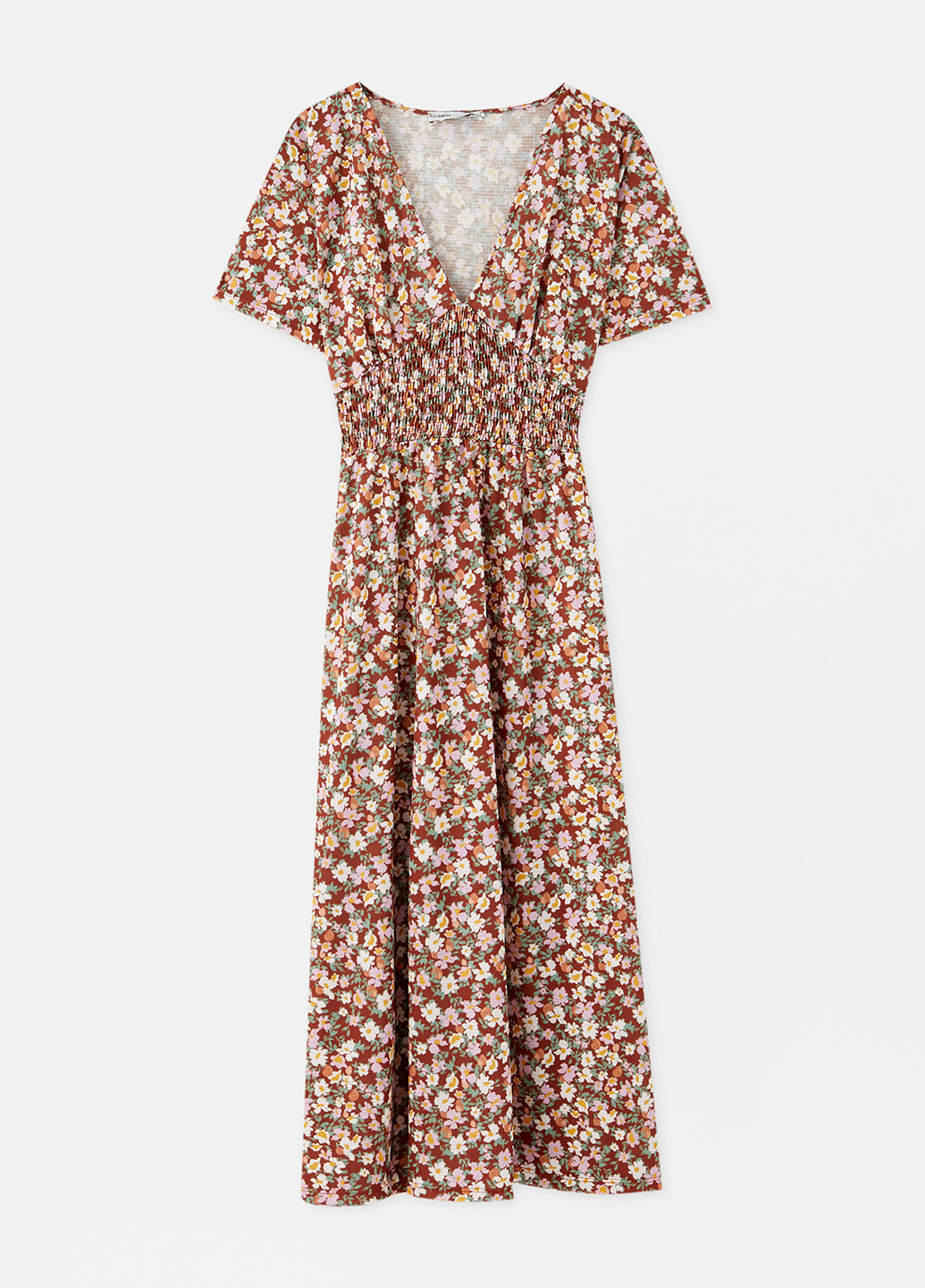 Коричневое кэжуал платье в стиле ампир Pull & Bear с цветочным принтом