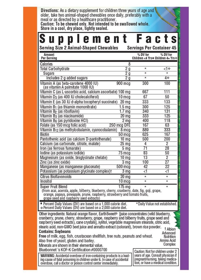 Мультивитамины для Детей, Вкус Апельсина, Rainforest Animalz,, 90 жевательных конфет Bluebonnet Nutrition (228293252)