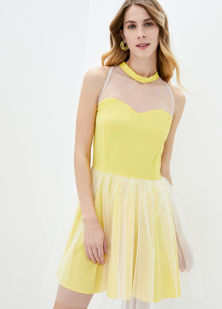 Желтое вечернее вечернее женское коктельное платье с сеткой колокол Podium однотонное