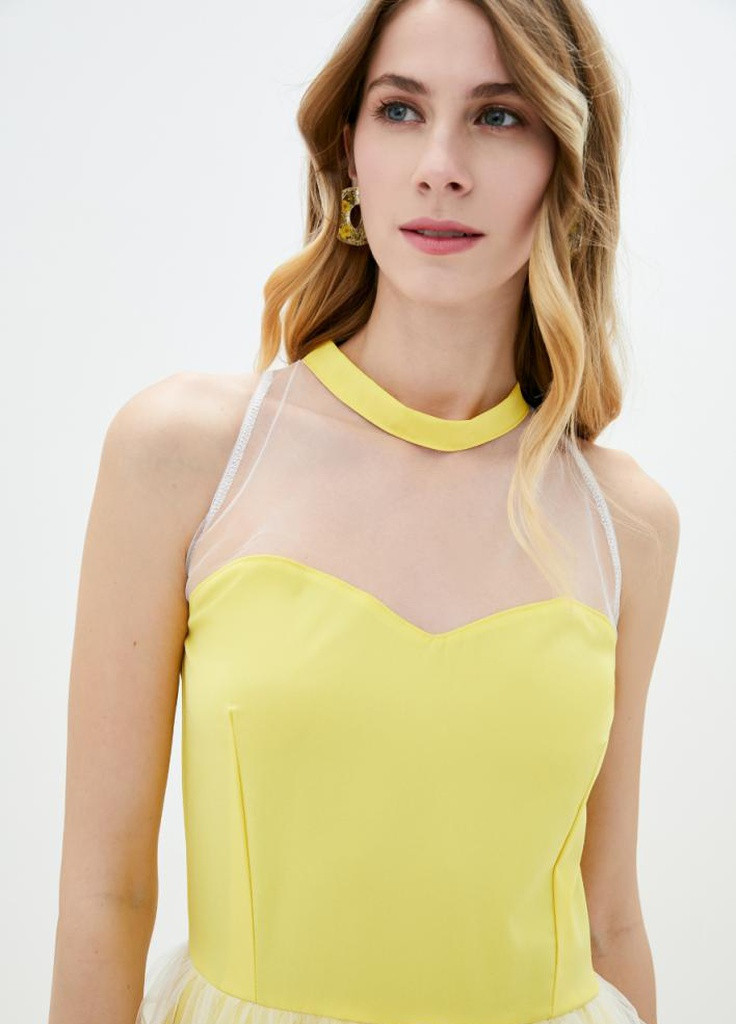 Желтое вечернее вечернее женское коктельное платье с сеткой колокол Podium однотонное