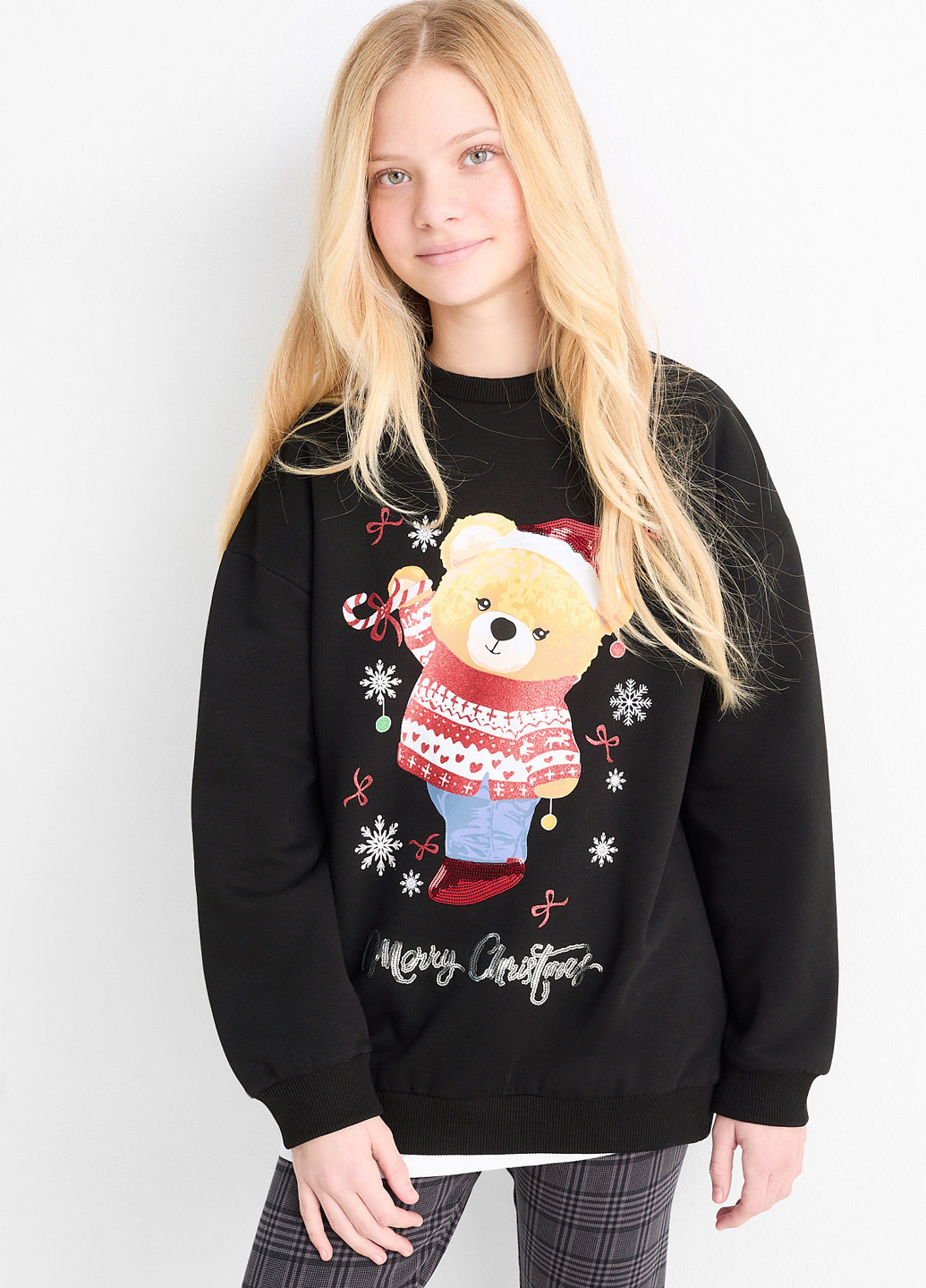 C&A свитшот новогодний черный кэжуал хлопок, трикотаж с начесом