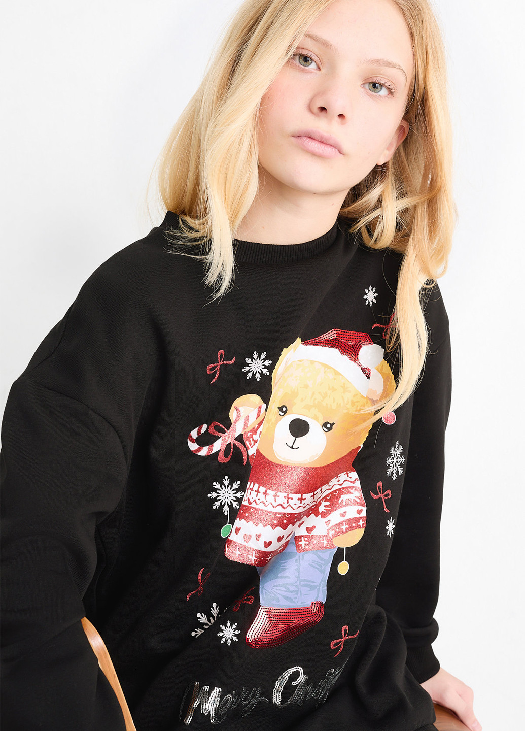 C&A свитшот новогодний черный кэжуал хлопок, трикотаж с начесом