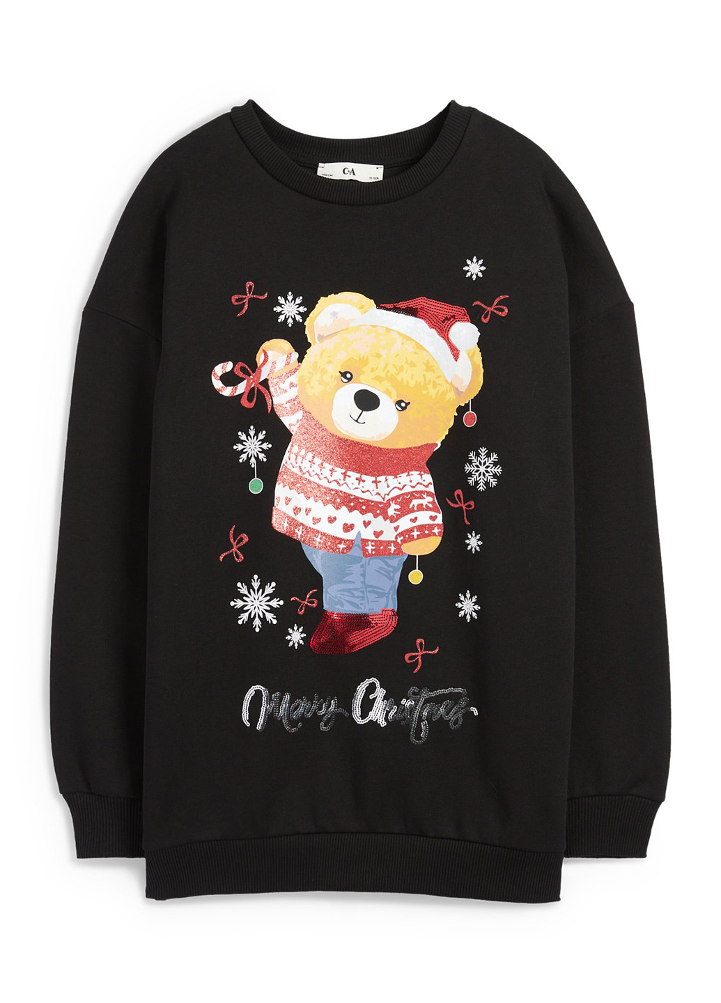 C&A свитшот новогодний черный кэжуал хлопок, трикотаж с начесом