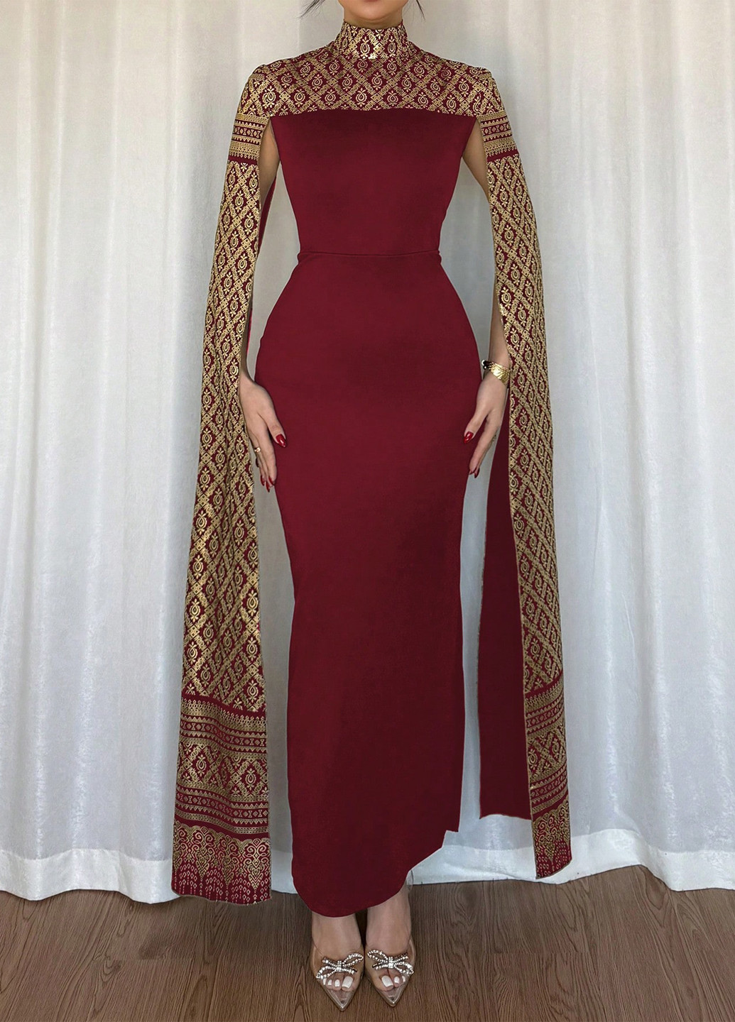 Темно-красное вечернее платье силуэтная, платье-кейп SHEIN колор блок