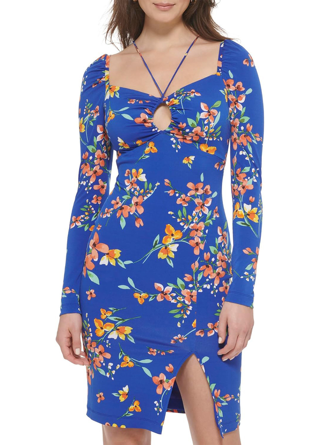 Синее кэжуал платье футляр Guess с цветочным принтом