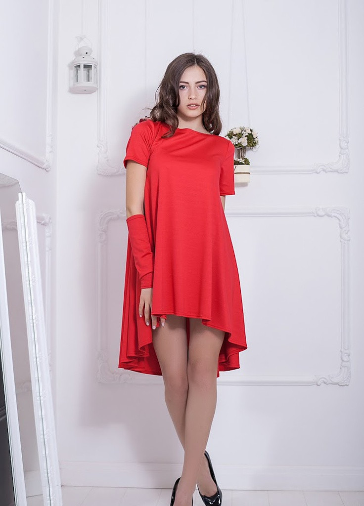 Червона кежуал ефектне вільне плаття з французького трикотажу з мітенками vivien червоний Podium однотонна