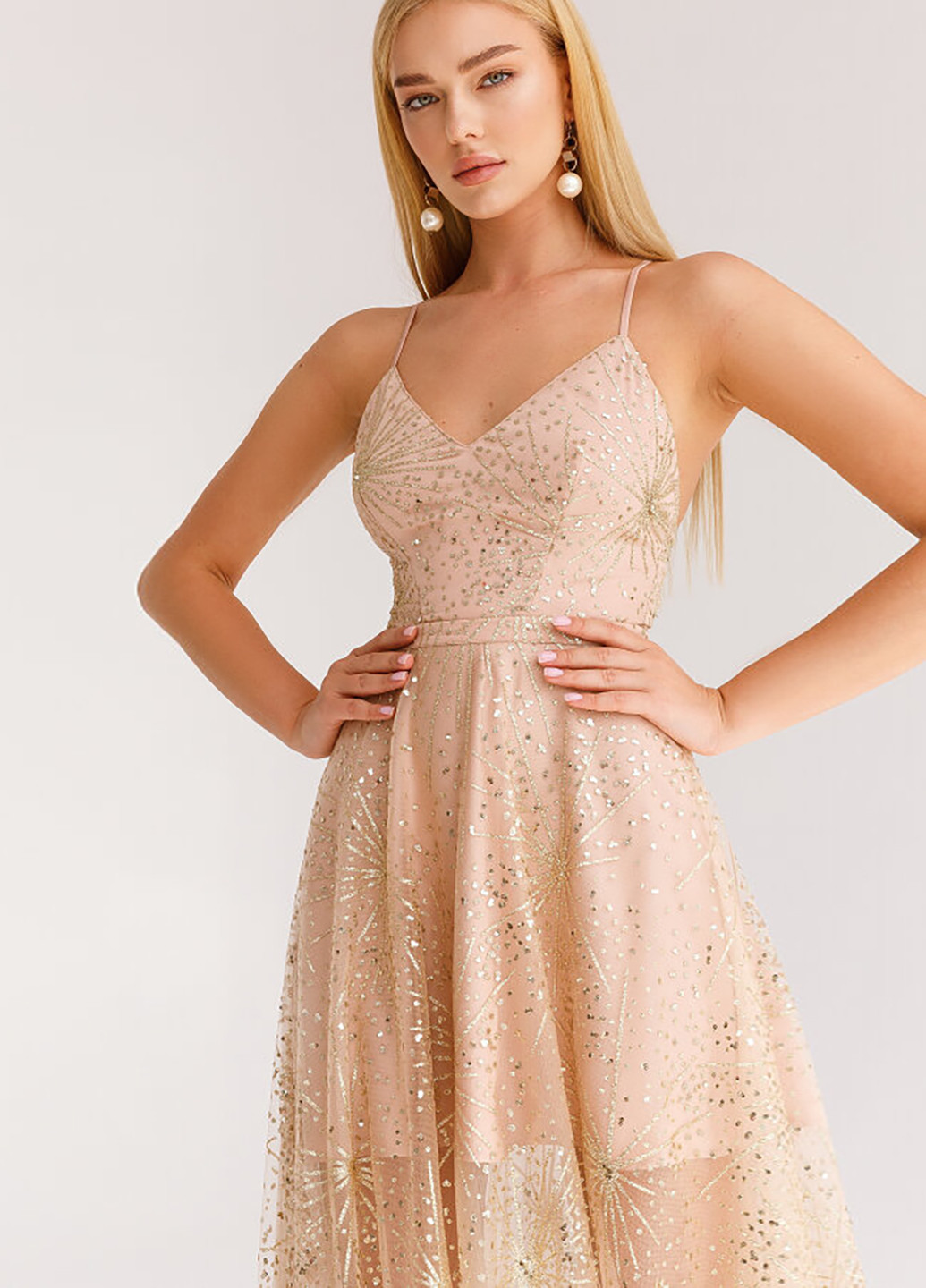 Бежева вечірня сукня кльош Gepur з абстрактним візерунком