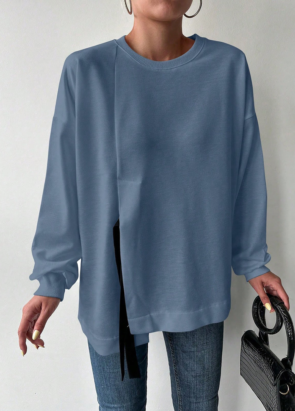 Темно-голубой свитшот SHEIN однотонный завязки (329522572)