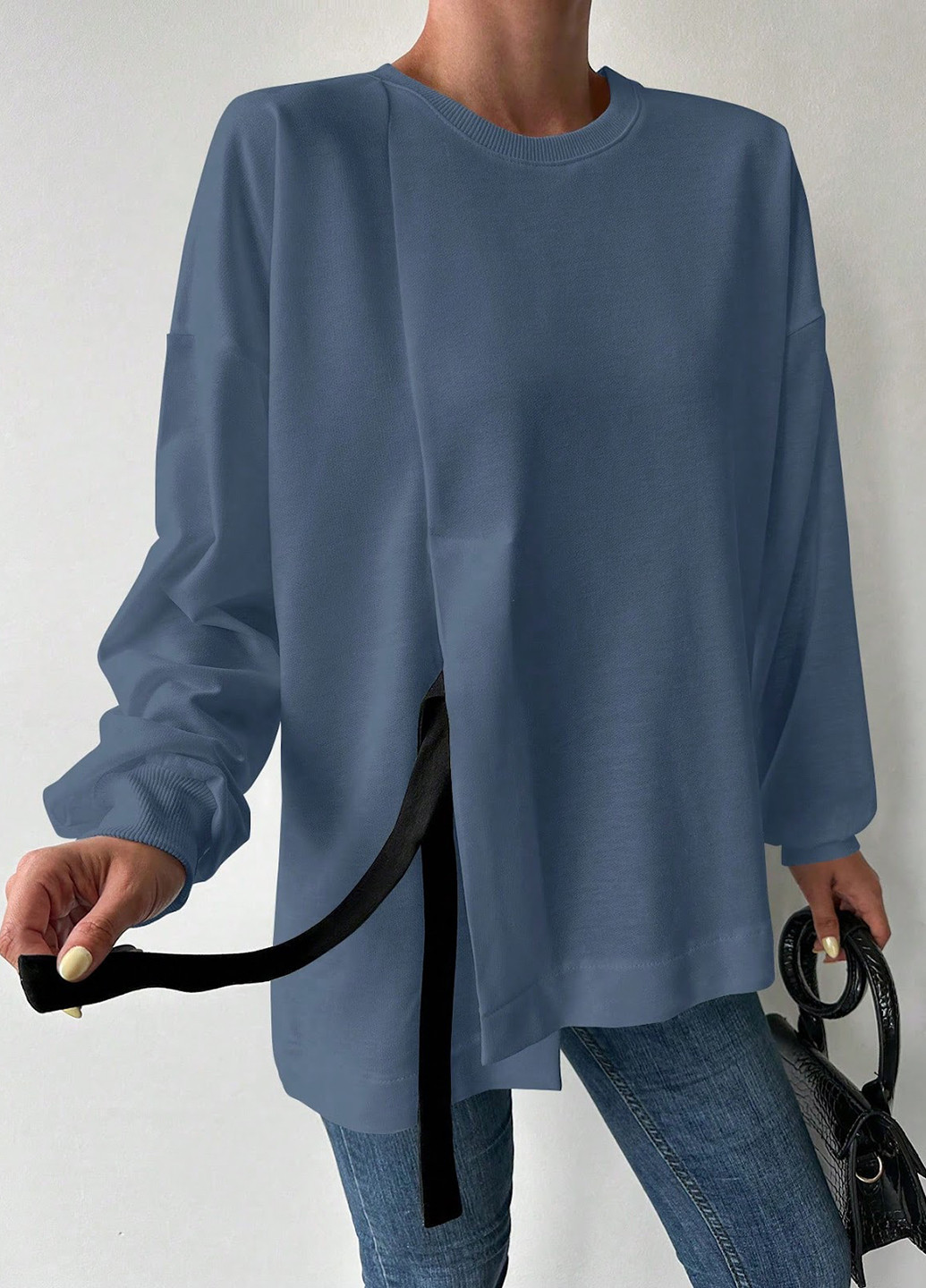 Темно-голубой свитшот SHEIN однотонный завязки (329522572)