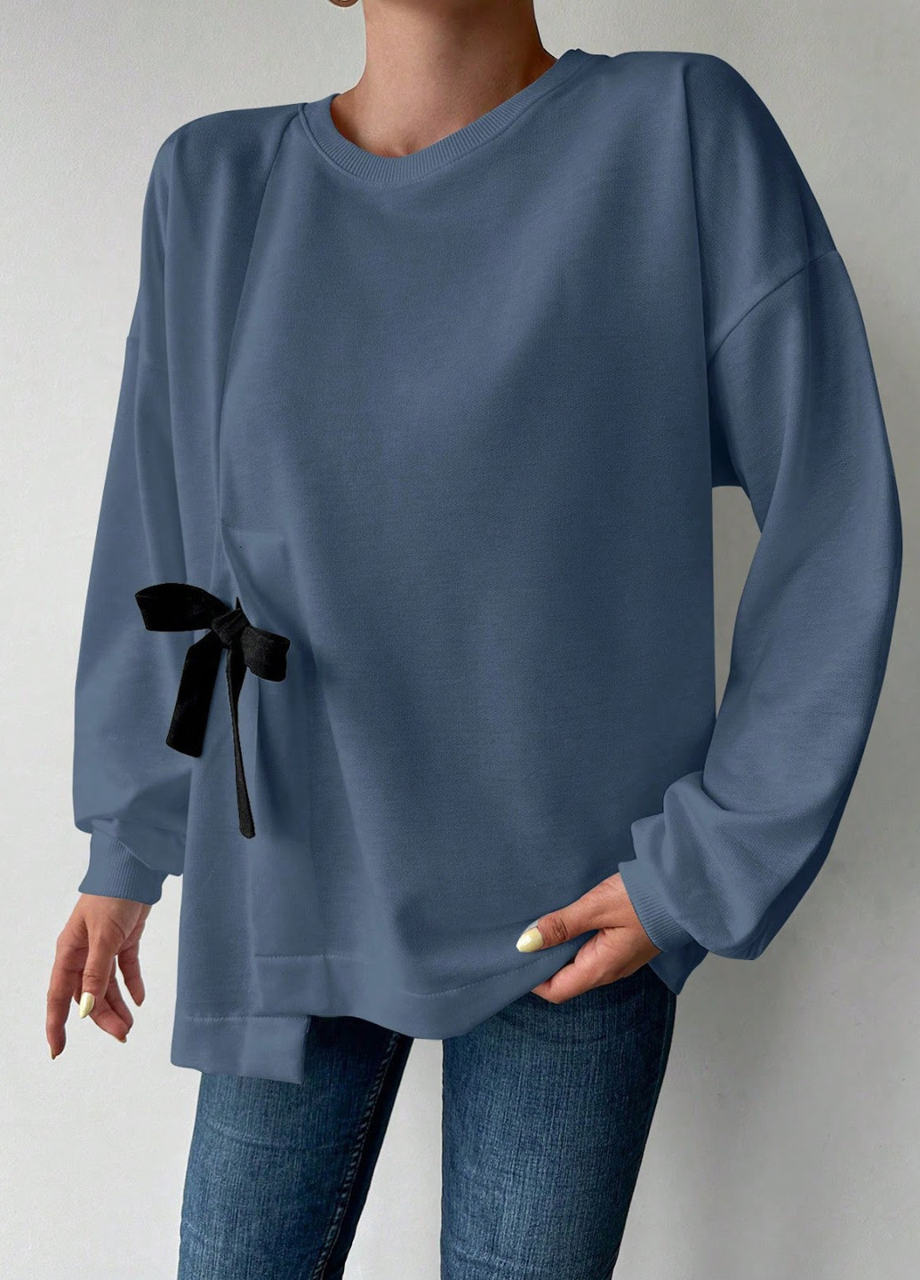 Темно-голубой свитшот SHEIN однотонный завязки (329522572)