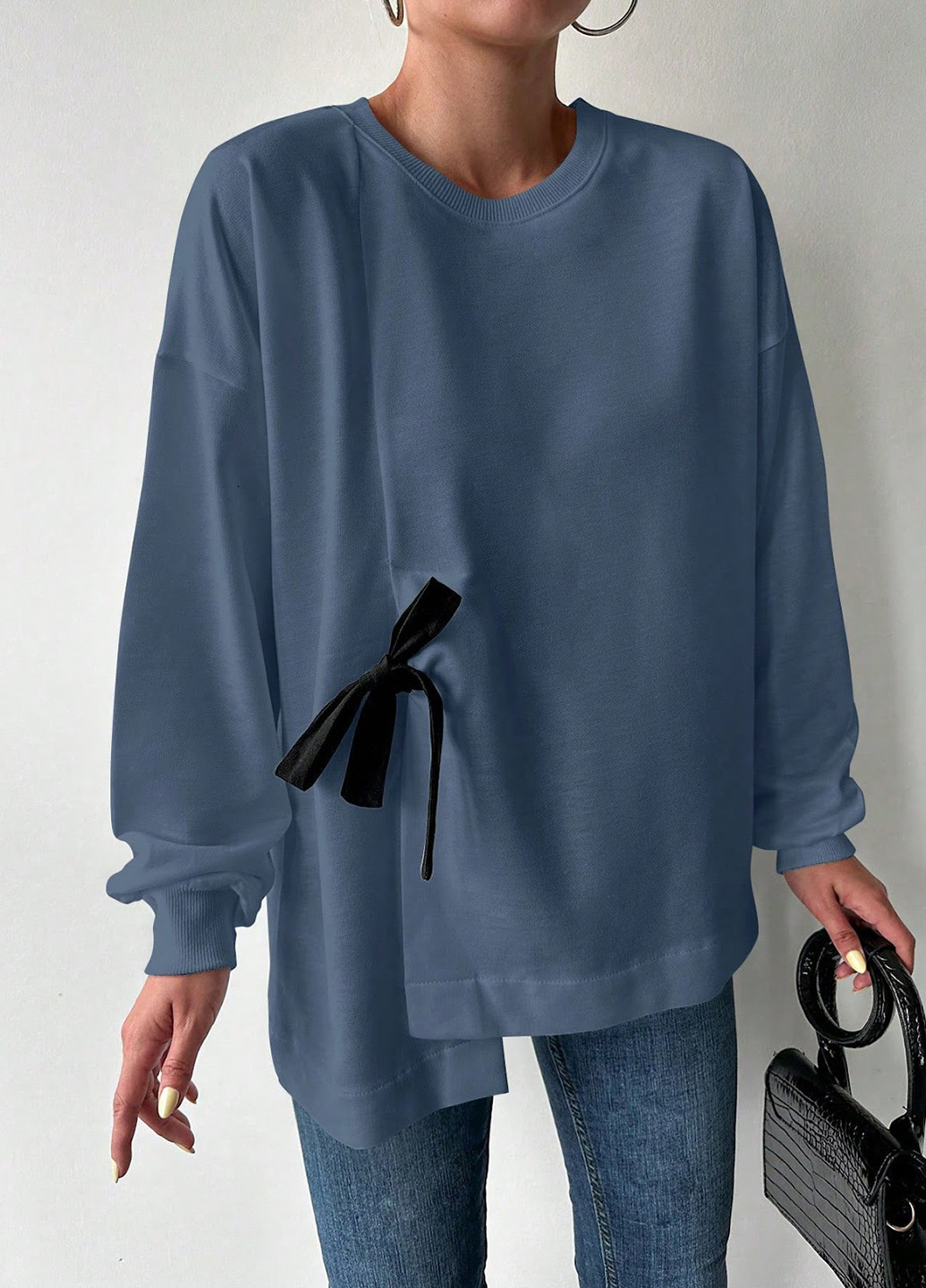 Темно-голубой свитшот SHEIN однотонный завязки (329522572)