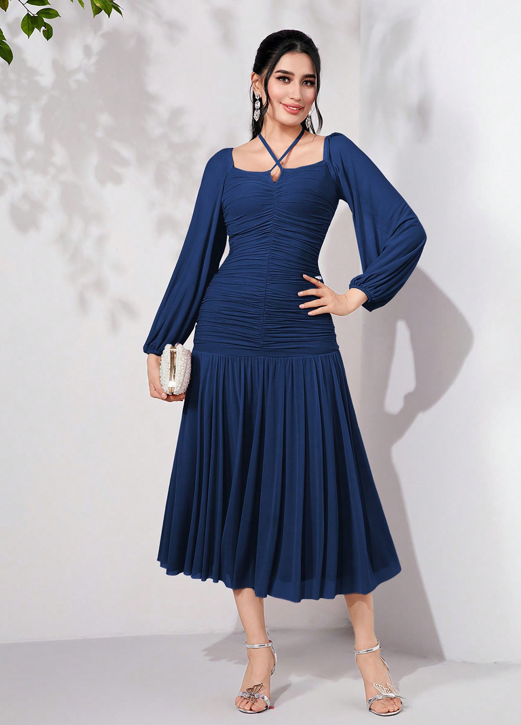 Темно-синя кежуал сукня плісована SHEIN однотонна