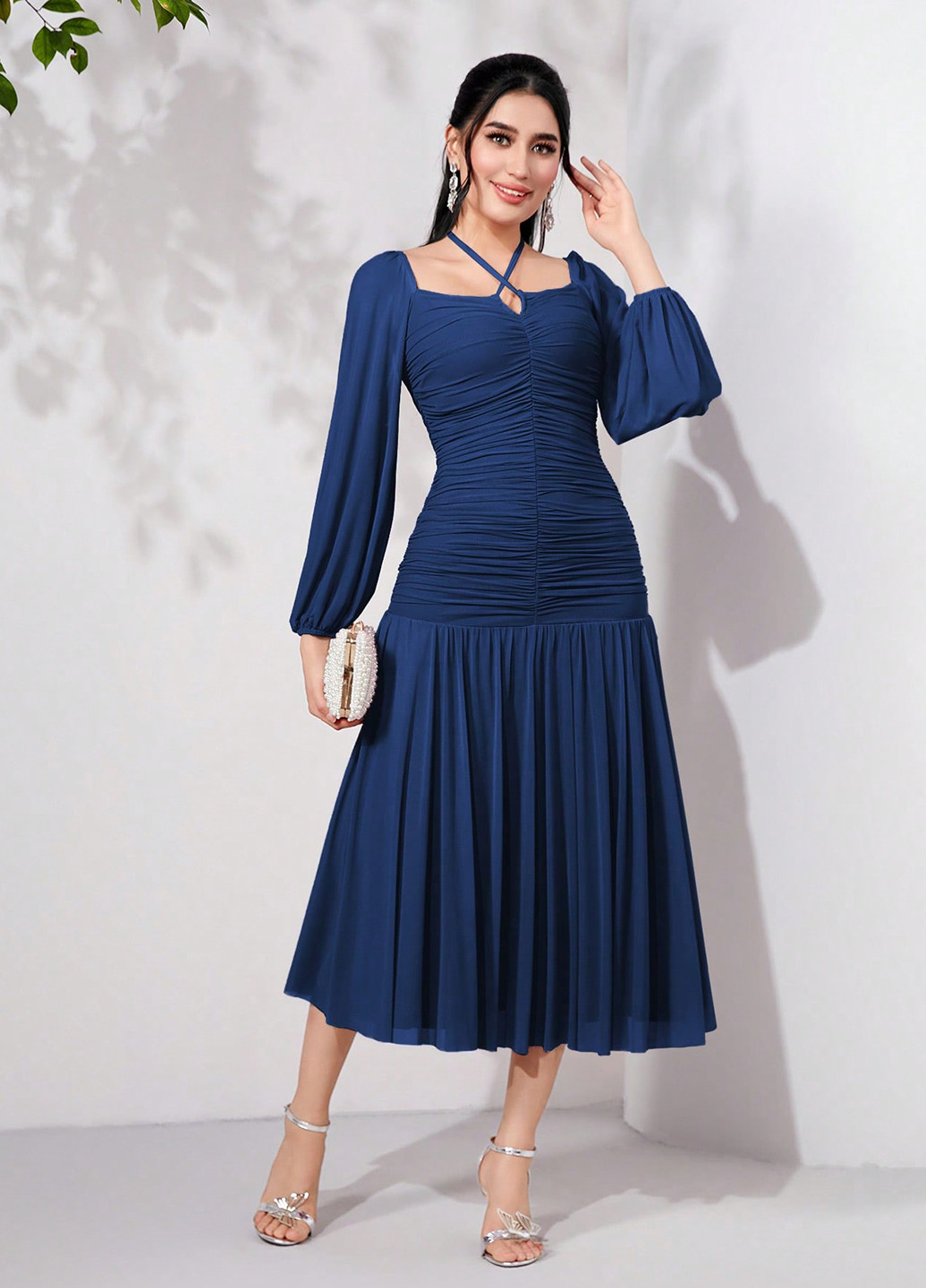 Темно-синя кежуал сукня плісована SHEIN однотонна