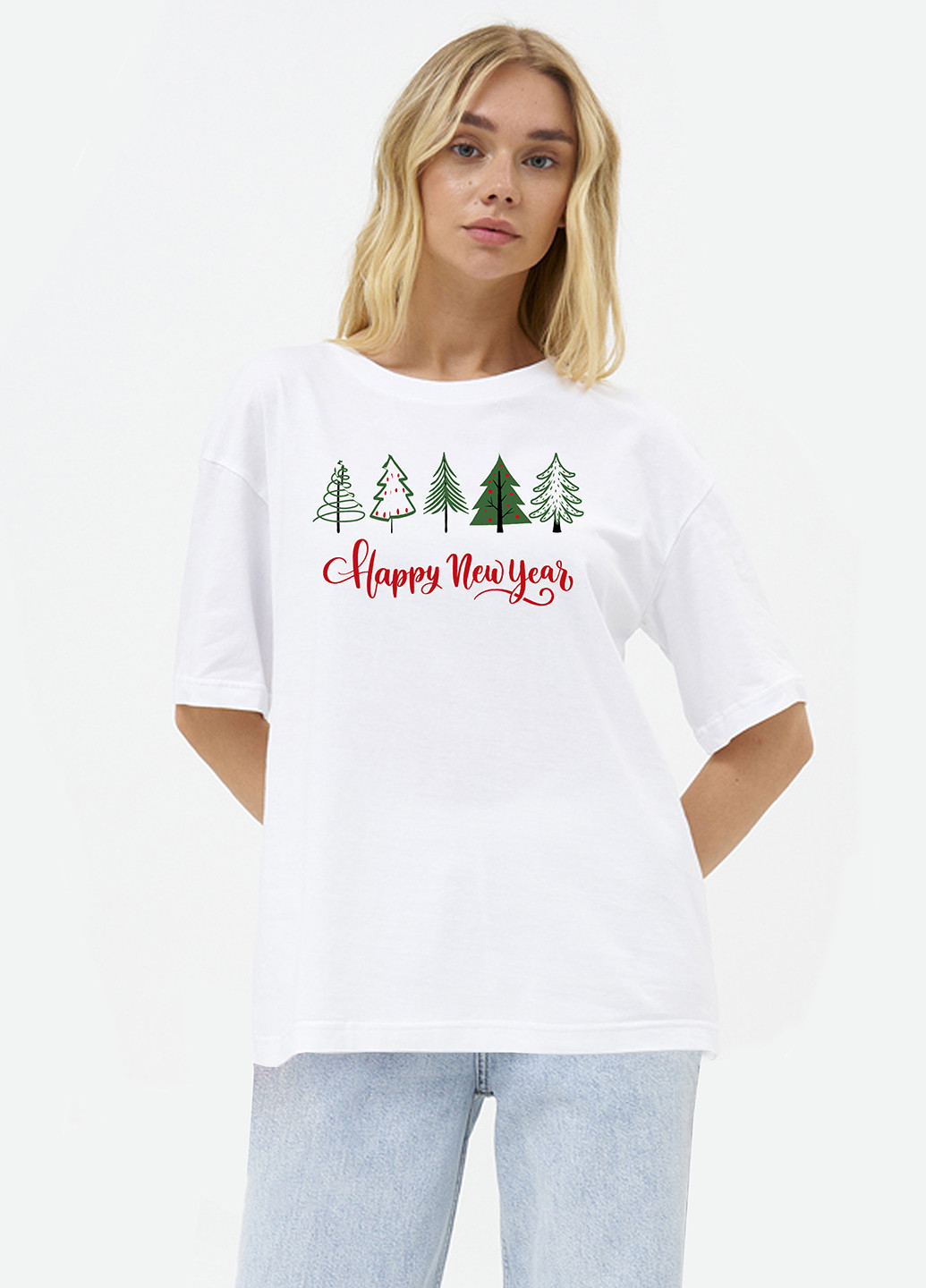 Белая летняя футболка женская оверсайз new year tree KASTA design