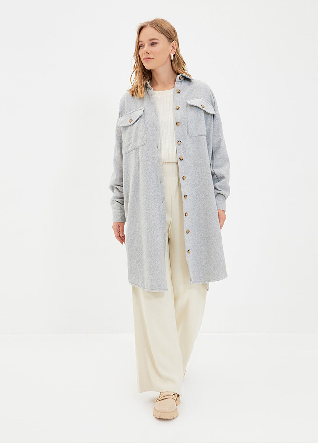 Сіре демісезонне Пальто однобортне Trendyol