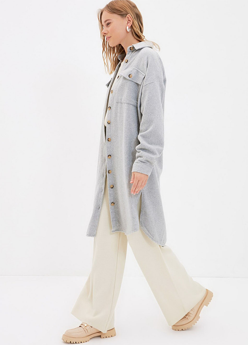 Сіре демісезонне Пальто однобортне Trendyol