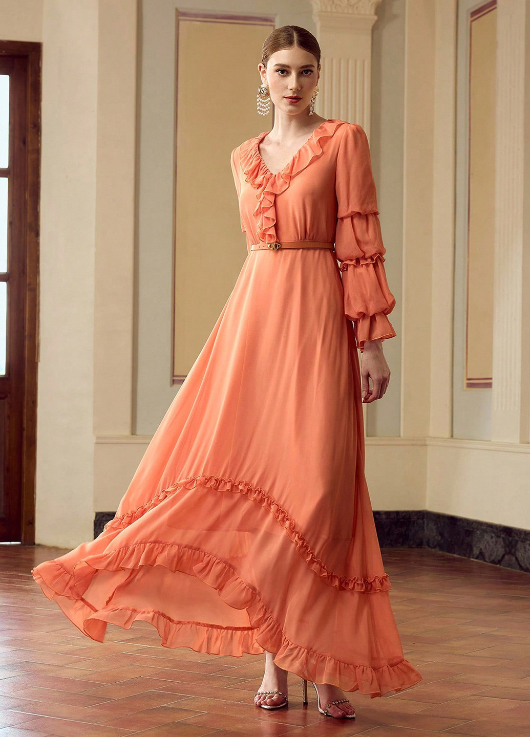 Оранжевое кэжуал платье а-силуэт SHEIN однотонное