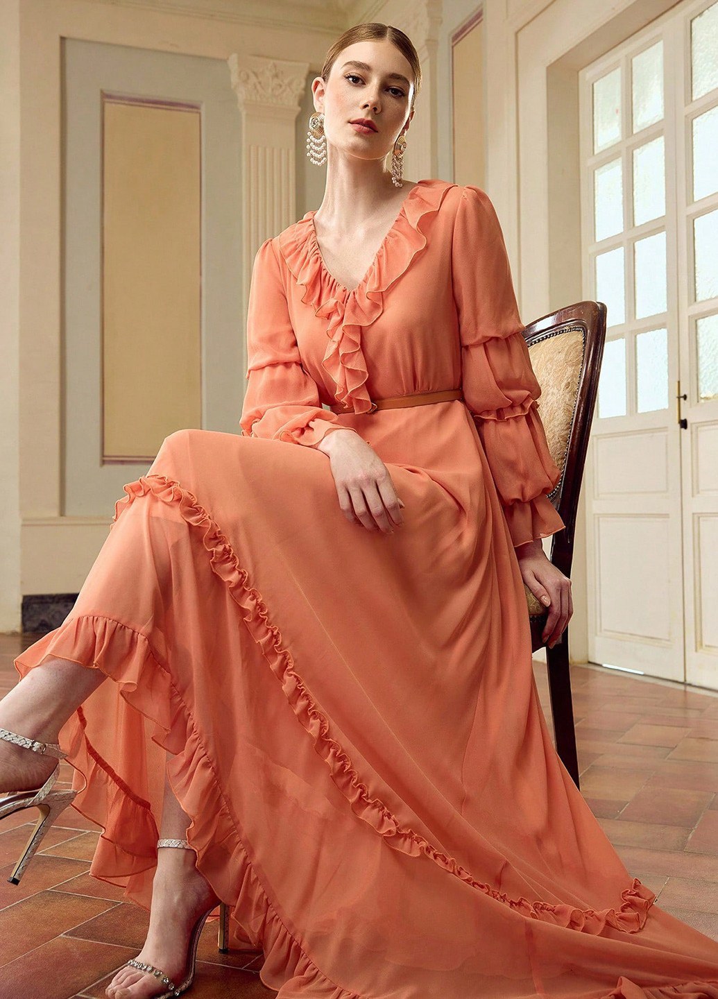 Оранжевое кэжуал платье а-силуэт SHEIN однотонное