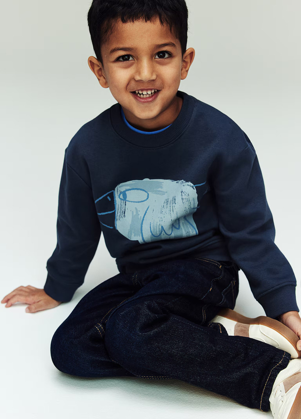 H&M свитшот рисунок темно-синий кэжуал хлопок, трикотаж с начесом