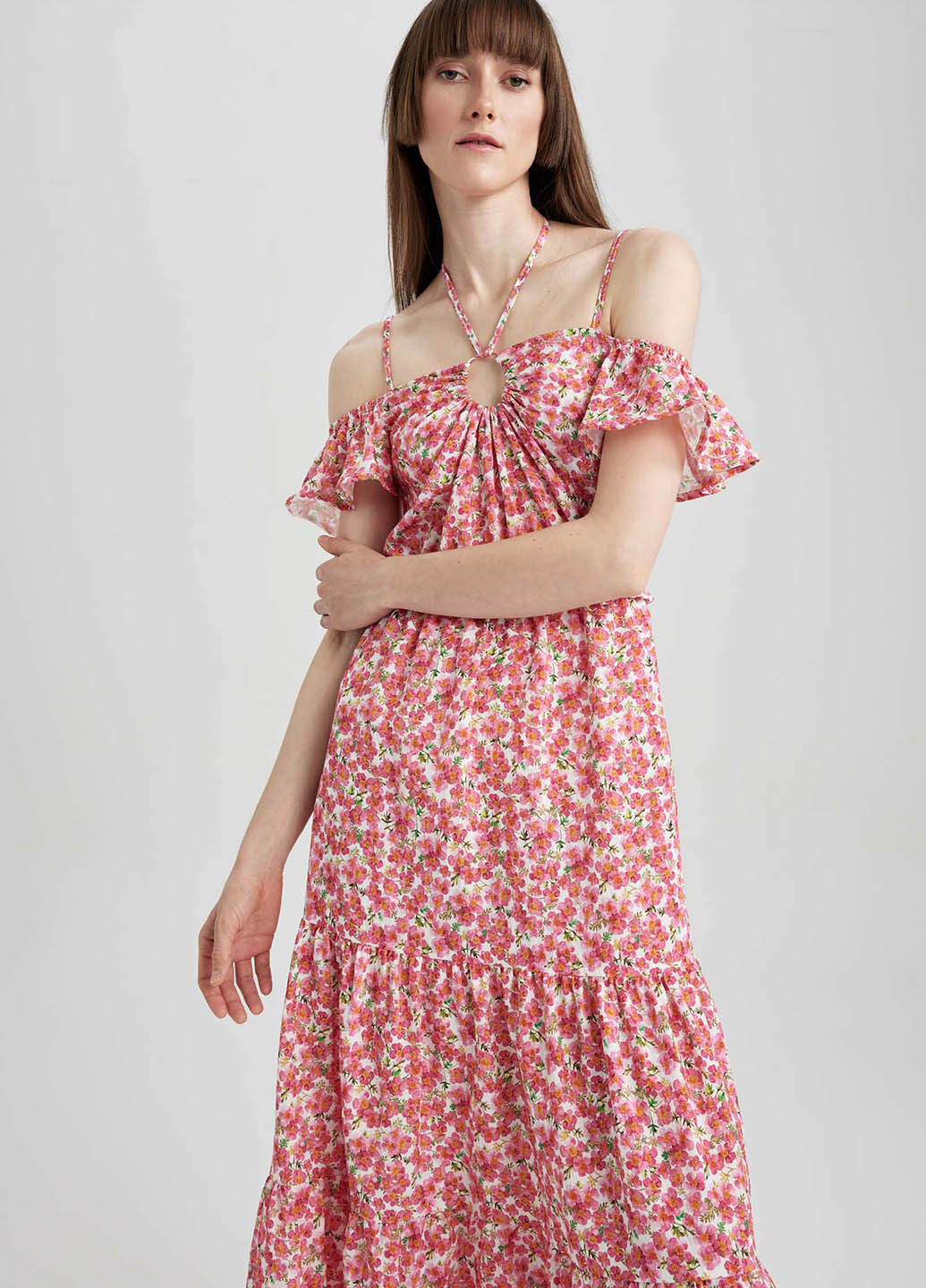 Коралловое повседневный платье клеш DeFacto с цветочным принтом