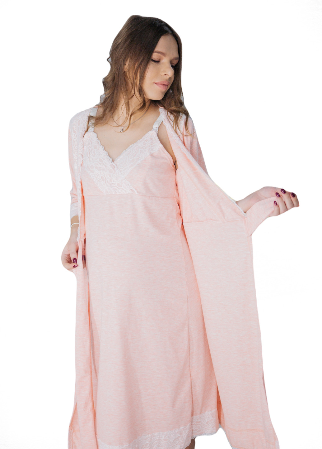 64026502(99)06 Комплект нічна сорочка + халат для вагітних і годуючих Рожевий HN мадлен (223377174)