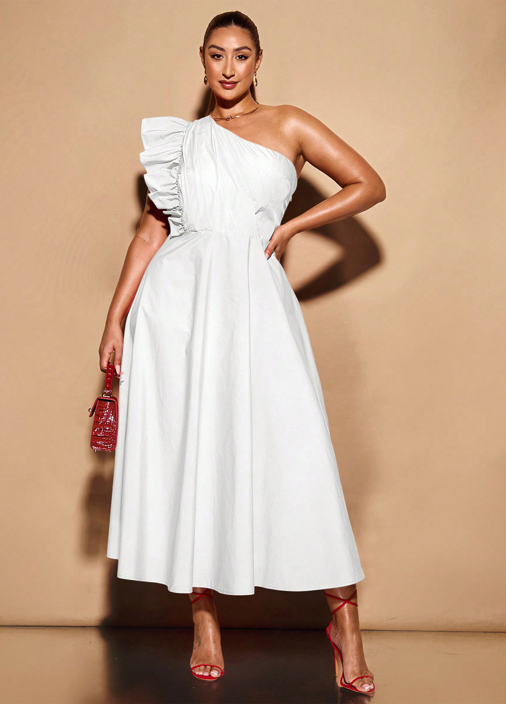 Білий коктейльна, кежуал сукня кльош, на одне плече SHEIN однотонна