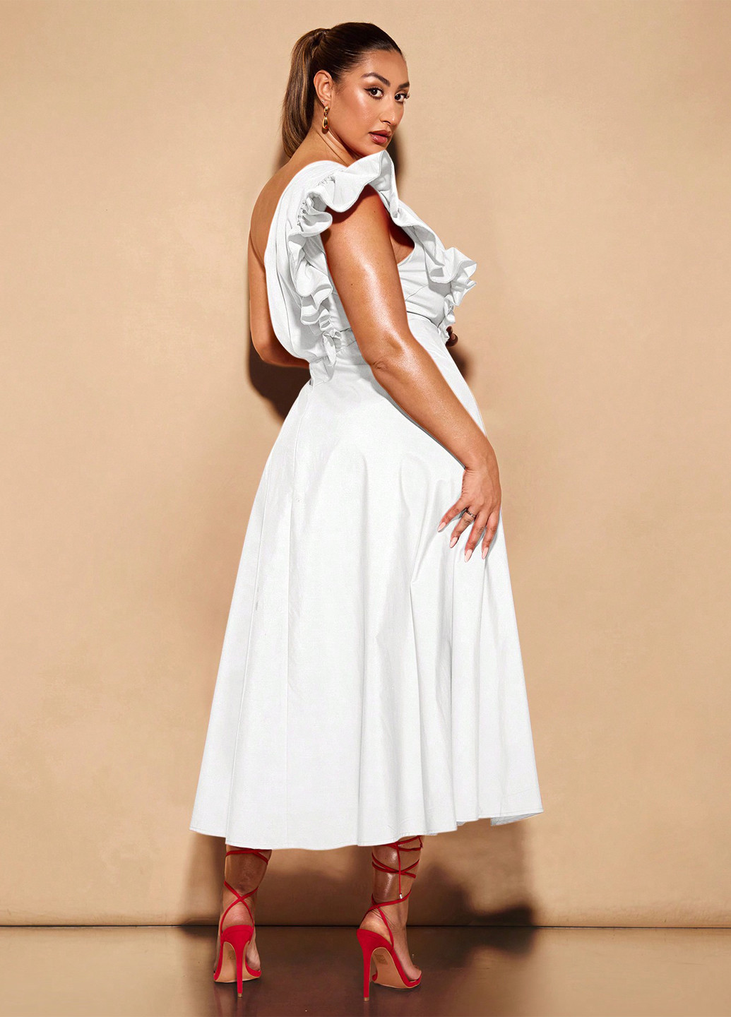 Білий коктейльна, кежуал сукня кльош, на одне плече SHEIN однотонна