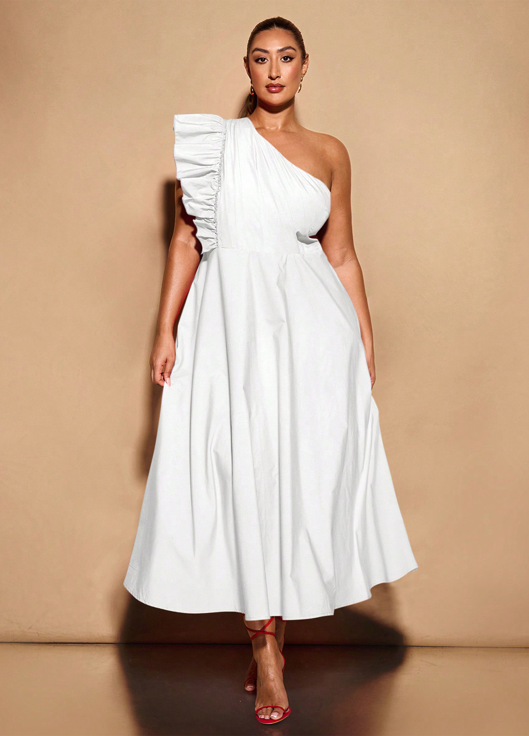 Білий коктейльна, кежуал сукня кльош, на одне плече SHEIN однотонна