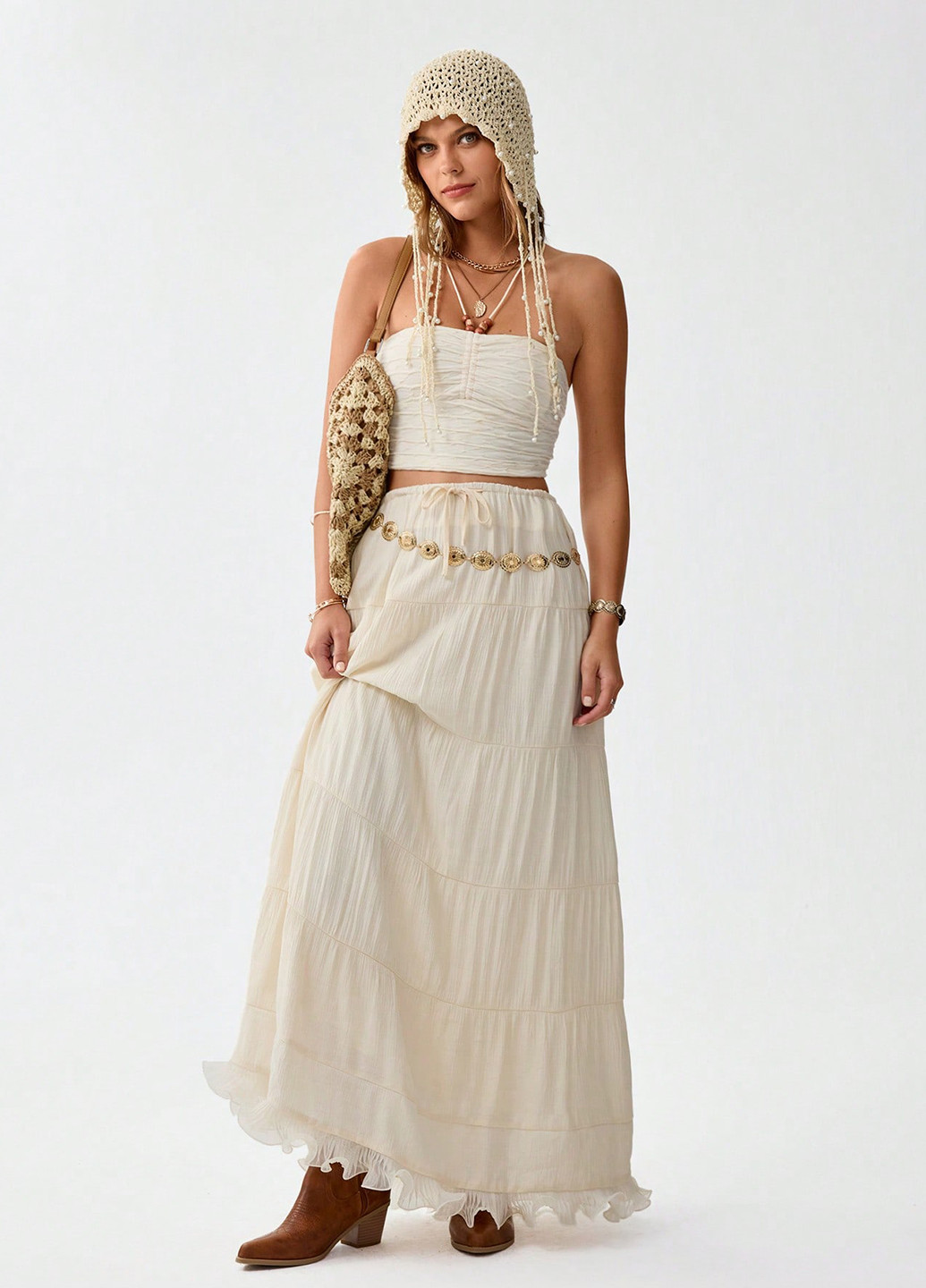 Кремовая кэжуал однотонная юбка SHEIN клешированная