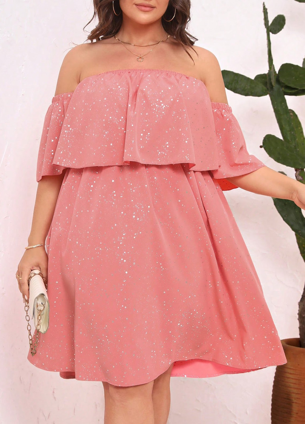 Коралова коктейльна сукня кльош, а-силует, з відкритими плечима SHEIN з візерунком "перець з сіллю"