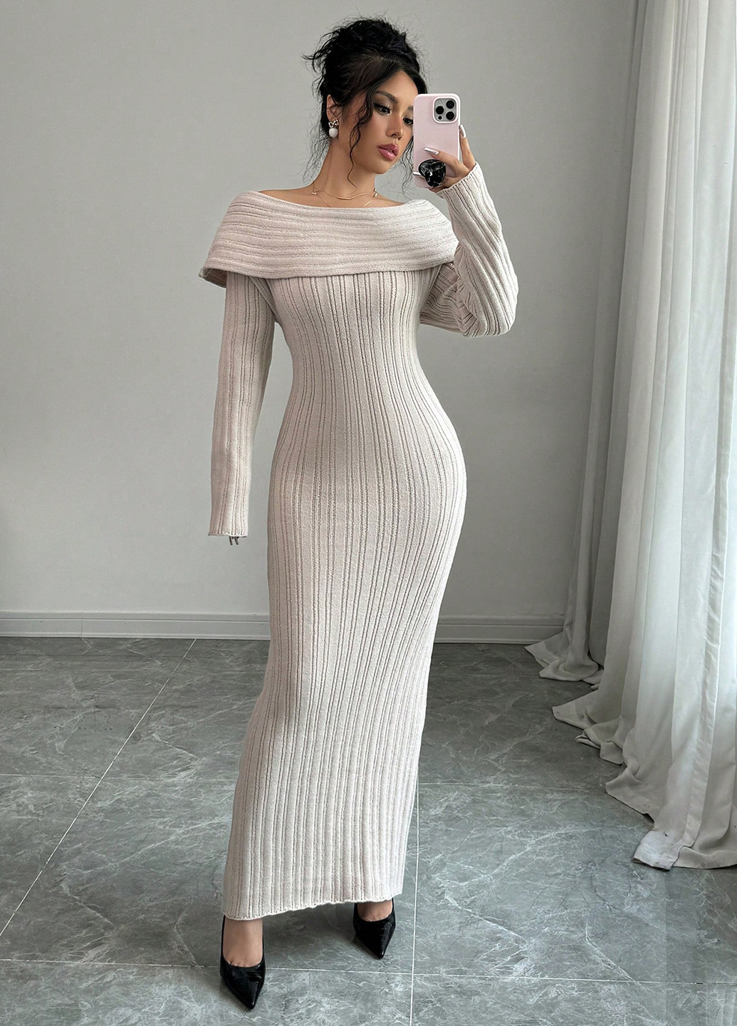 Молочна кежуал сукня сукня светр, з відкритими плечима SHEIN однотонна