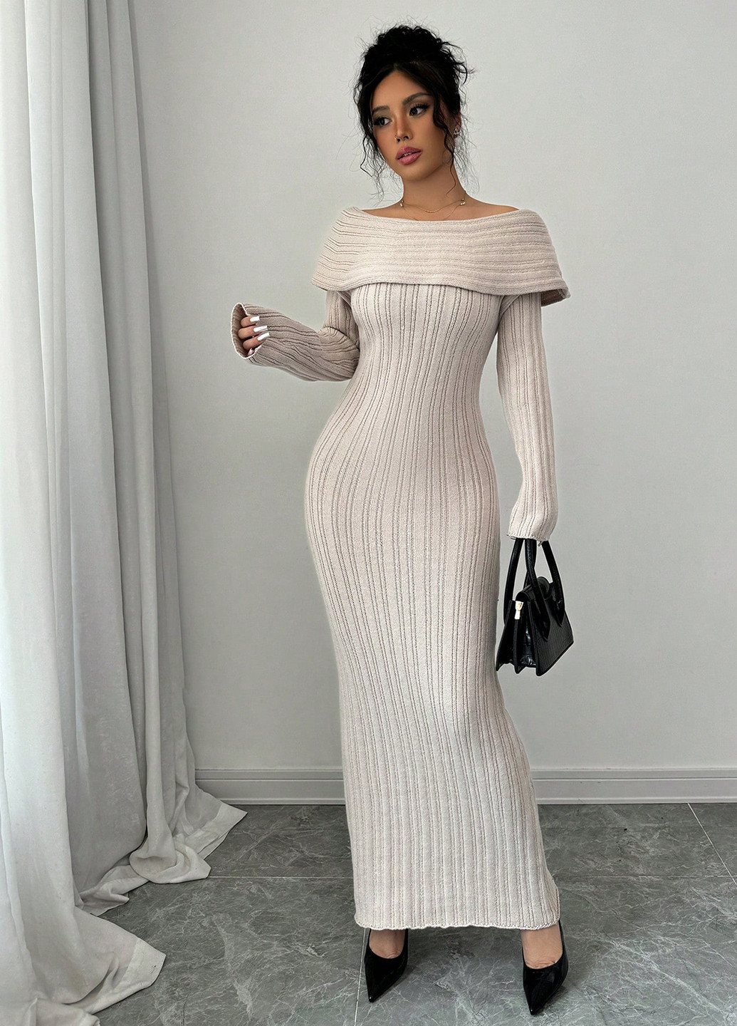 Молочна кежуал сукня сукня светр, з відкритими плечима SHEIN однотонна