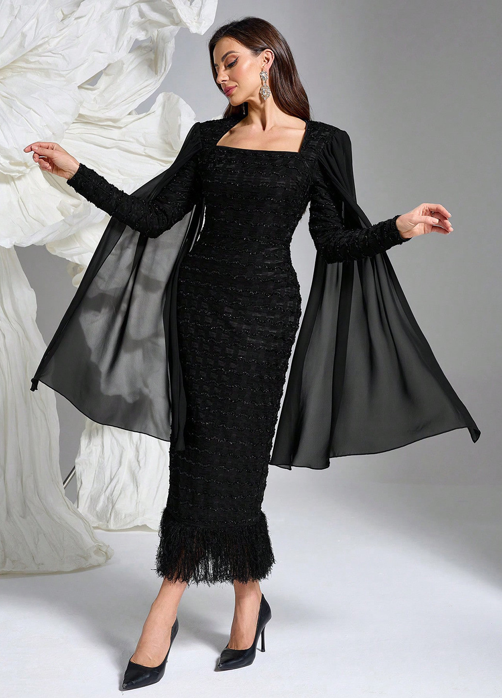 Черное вечернее платье силуэтная, платье-кейп SHEIN однотонное