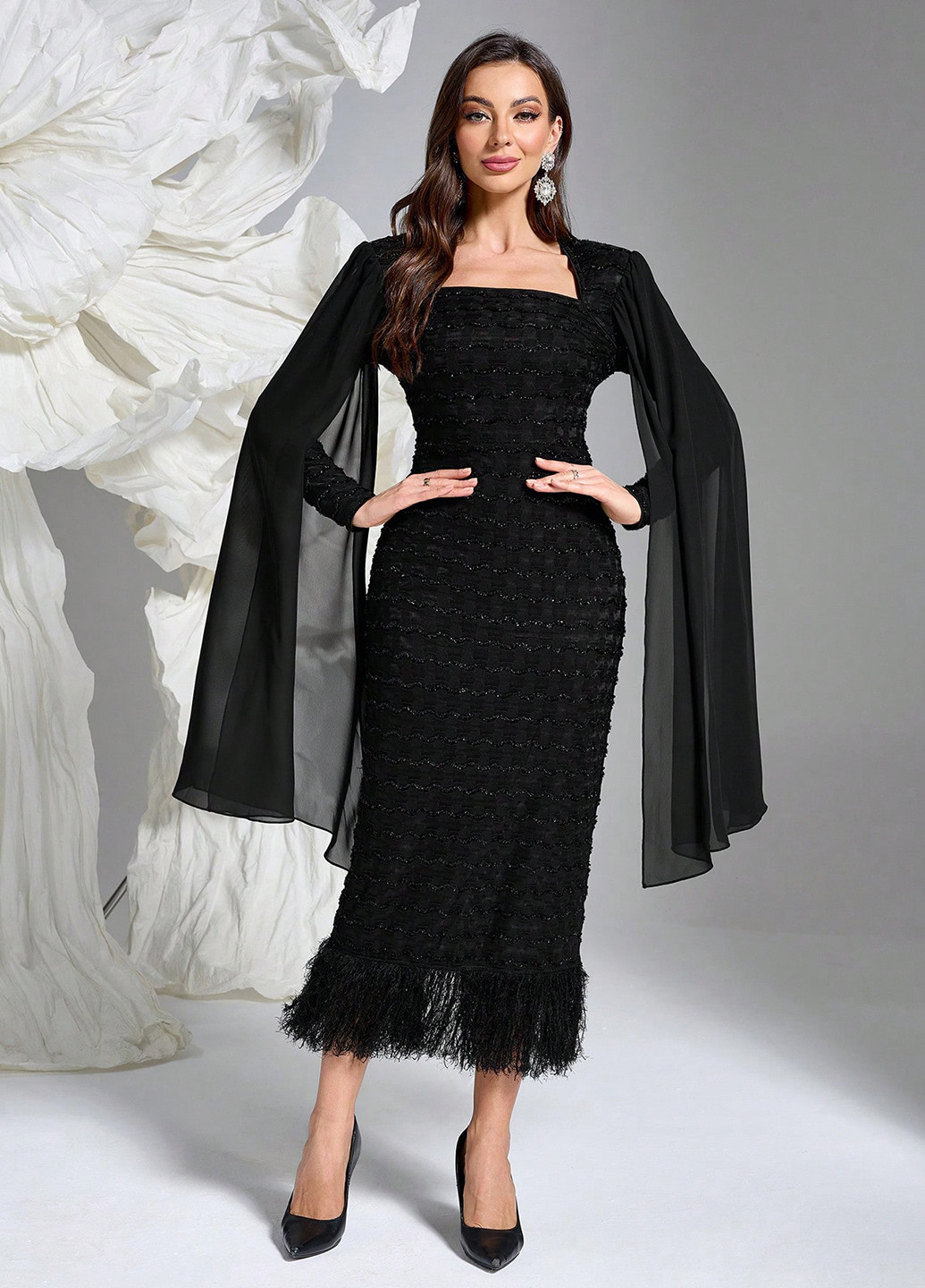 Черное вечернее платье силуэтная, платье-кейп SHEIN однотонное