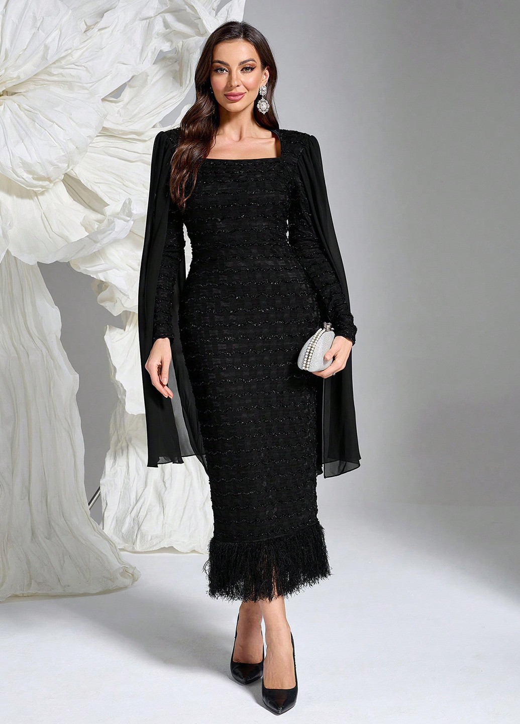 Черное вечернее платье силуэтная, платье-кейп SHEIN однотонное