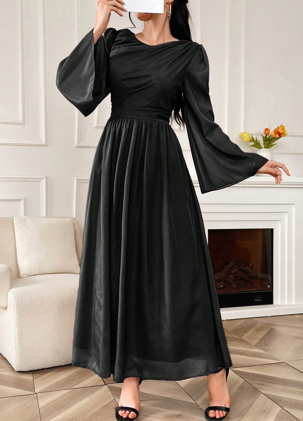 Чорна святковий, вечірня сукня кльош, а-силует SHEIN однотонна