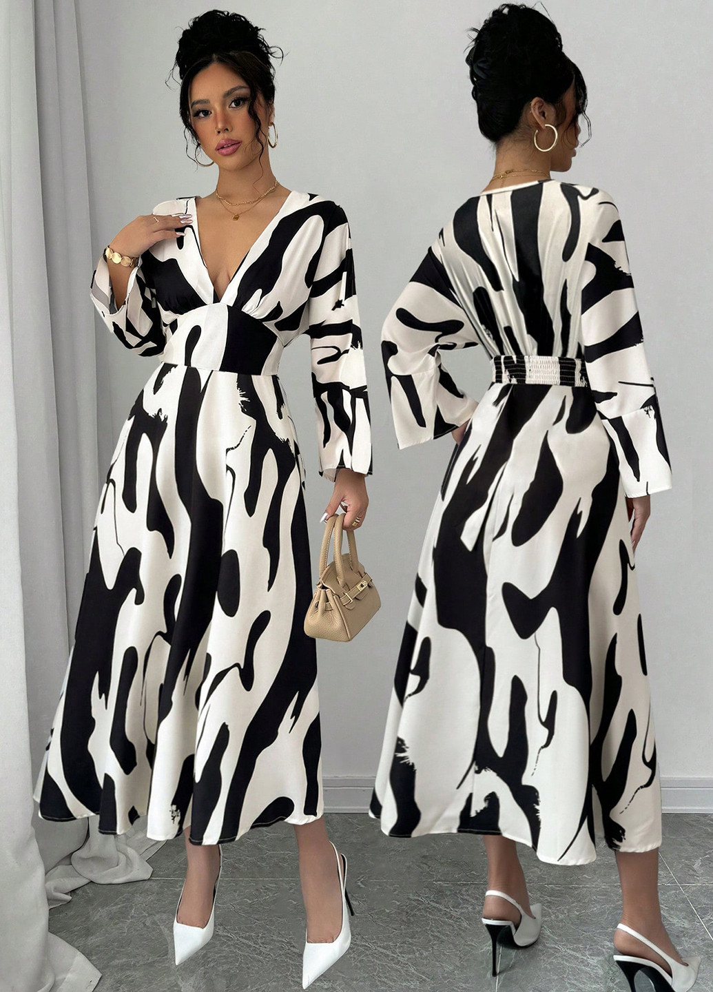 Чорно-білий кежуал сукня в стилі армпір, кльош SHEIN зебра