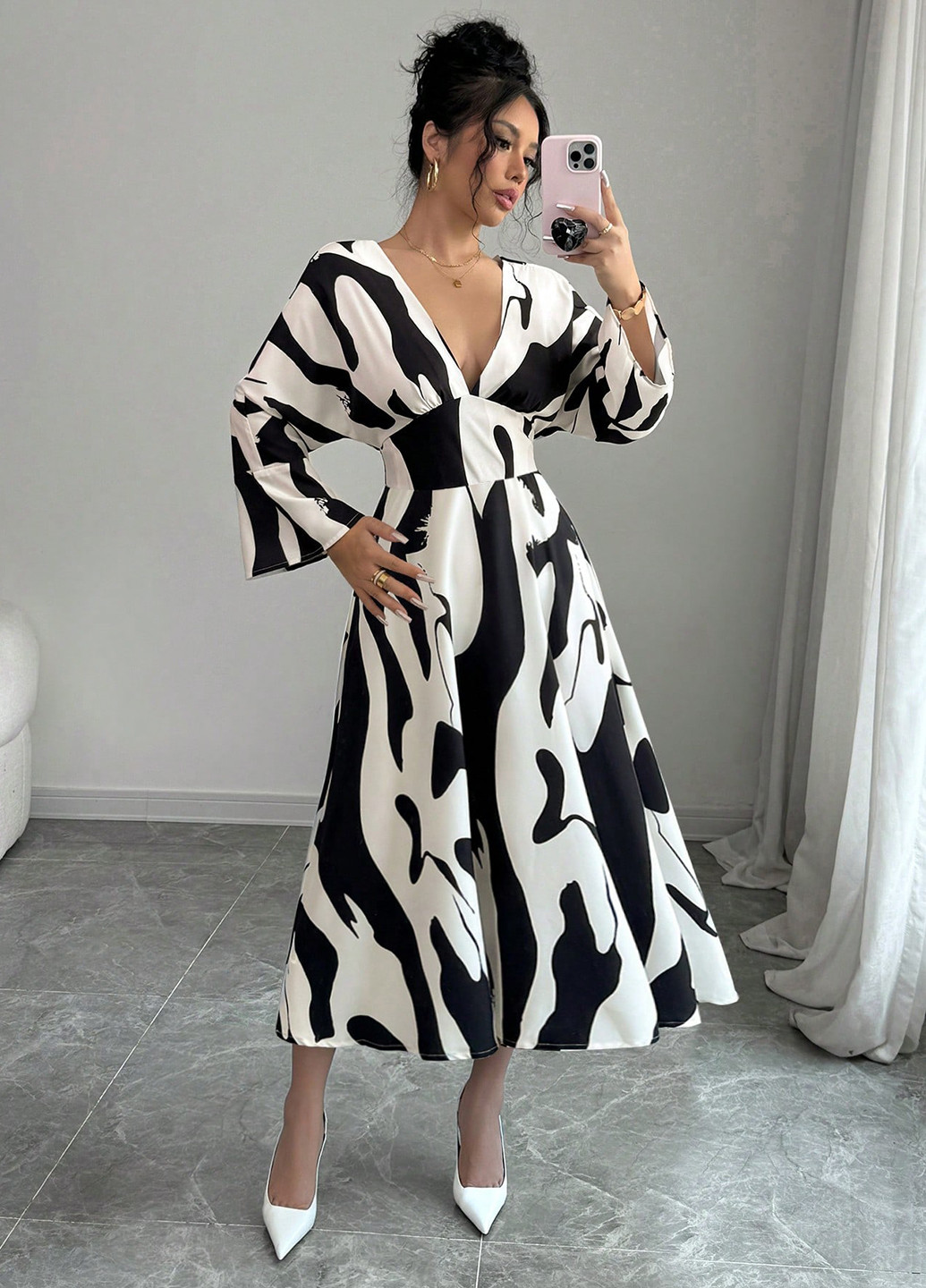 Чорно-білий кежуал сукня в стилі армпір, кльош SHEIN зебра