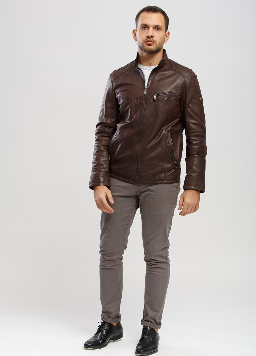 Темно-коричневая демисезонная куртка кожаная Cvk brand