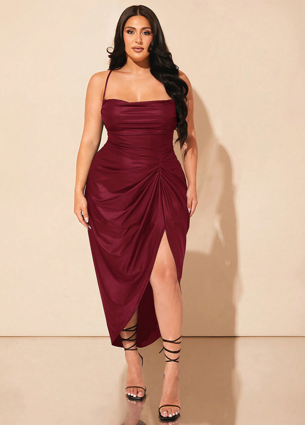 Бордова святковий, коктейльна, вечірня сукня а-силует, з відкритою спиною SHEIN однотонна
