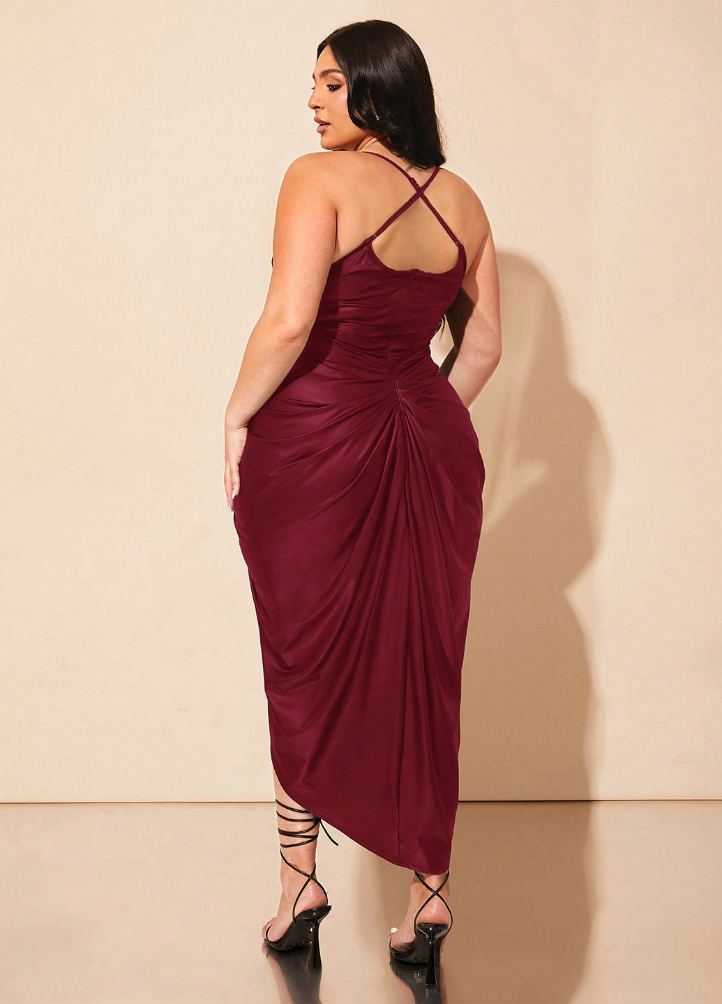 Бордова святковий, коктейльна, вечірня сукня а-силует, з відкритою спиною SHEIN однотонна