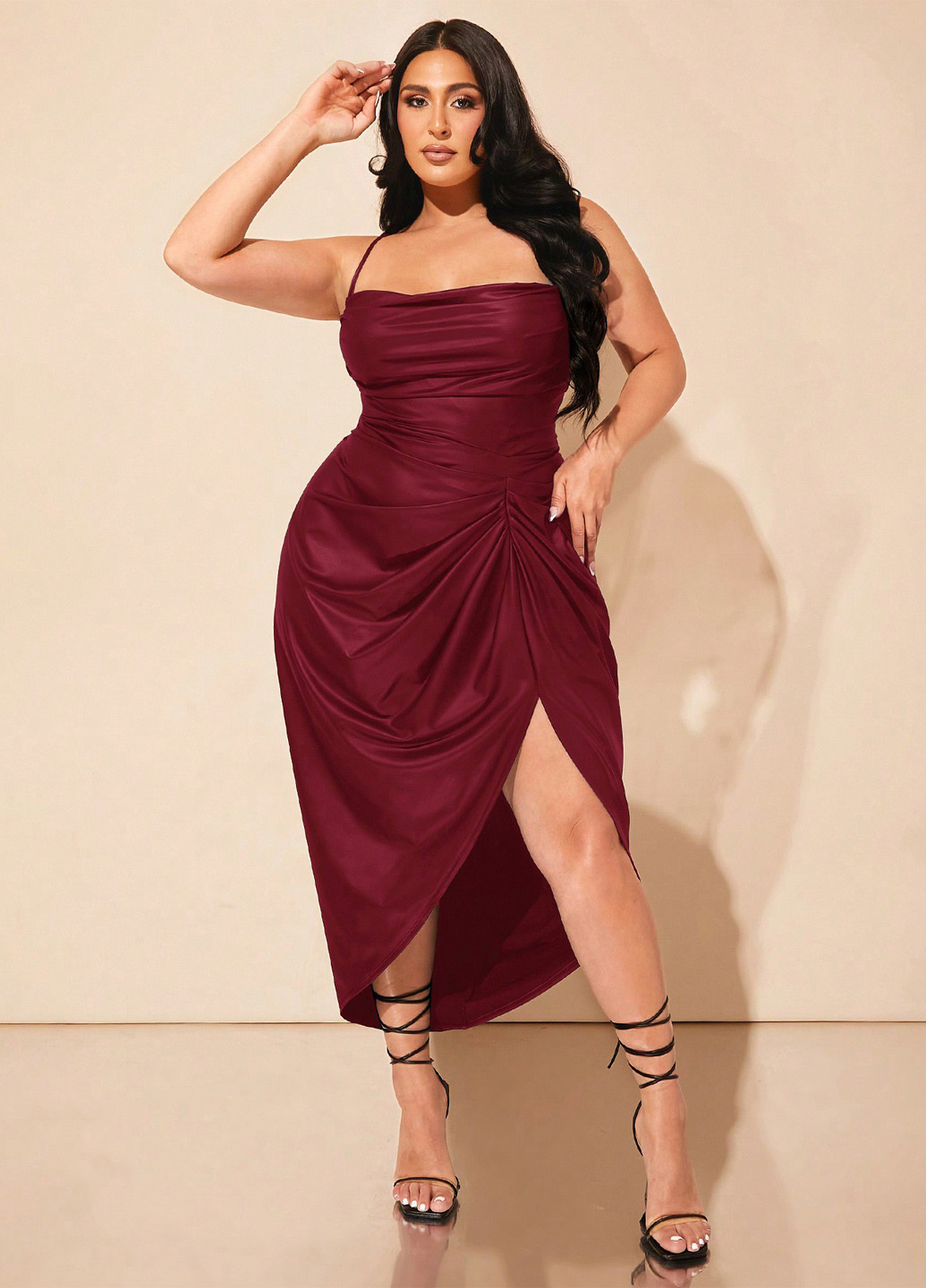 Бордова святковий, коктейльна, вечірня сукня а-силует, з відкритою спиною SHEIN однотонна