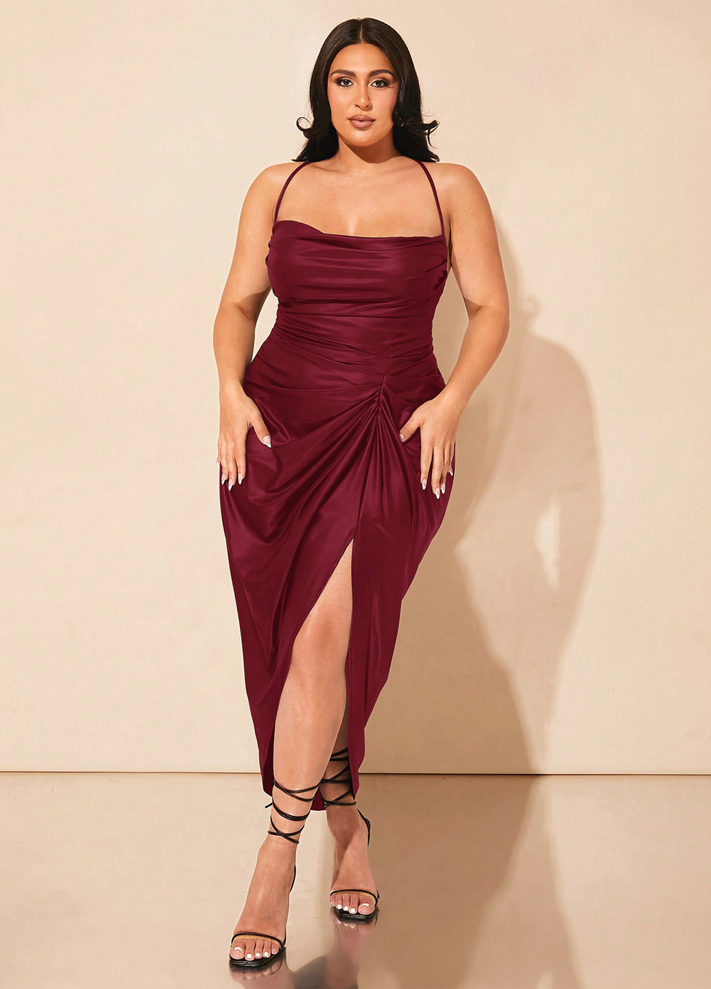 Бордова святковий, коктейльна, вечірня сукня а-силует, з відкритою спиною SHEIN однотонна
