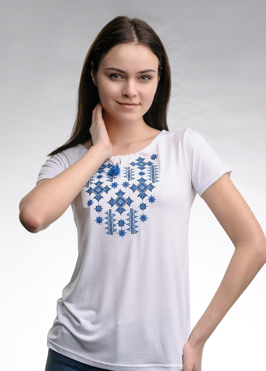 Жіноча вишита футболка Зоряне сяйво біла з синім Melanika (250206154)