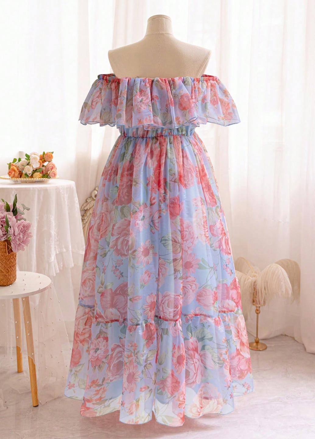 Блакитна кежуал сукня в стилі армпір, з відкритими плечима, з відкритою спиною SHEIN троянди